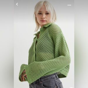 H&M Divided Bright Green Knit Open Weave Crochet Long Sleeve Sweater Cardigan S